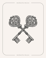 Carved crossed keys in engraving style. Two elegant keys with Victorian curls. Medieval symbol on white isolated background. Vintage vector illustration for postcard design, book or tattoo template.