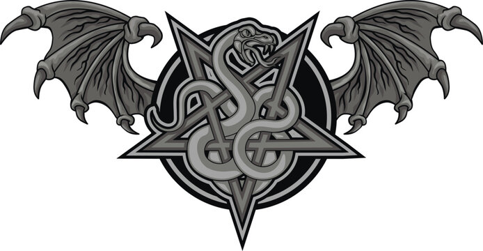 occultic sign with pentogram and snake and bat wings, grunge vintage design t shirts