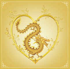 Vector illustration of a gold Chinese dragon on gold background. Golden asian dragon.