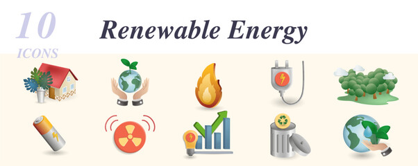 Renewable energy set. Creative icons: eco house, planet saving, fire, electricity, forest, battery, radiation, recyclable waste, planet helping.
