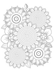 Coloring book page for adult and kids. Cute doodle composition with abstract flowers and leaves