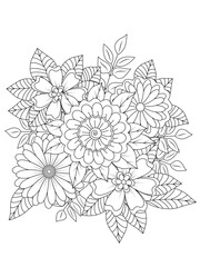 Coloring book page for adult and kids. Cute doodle composition with abstract flowers and leaves