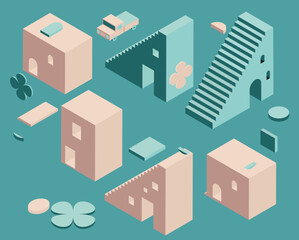 isometric simple stairs, car, houses vector set
