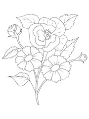 Coloring book page for adult and kids. Cute doodle composition with abstract flowers and leaves