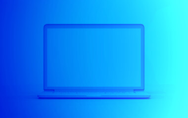 Laptop blue color on blue gradient backgrounds. Minimal object computer mockup business technology concept. 3D rendering.