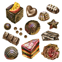 Set of chocolates drawing by watercolor at white background, hand drawn design elements