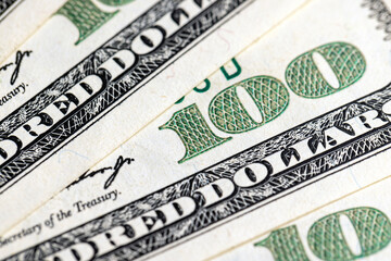 close-up of a group of one hundred American dollars