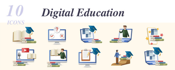 Digital education set. Creative icons: knowledge, quiz, distance education, learning support, mobile learning, blended learning, distance teacher, distance exam, future profession, distance education.