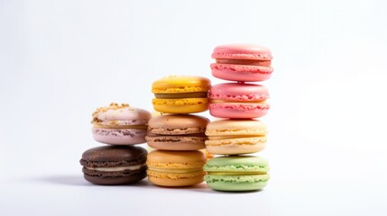 a colorful macaron tower with a variety of flavors, on a white background. Generative AI.
