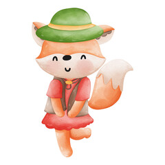 Naklejka premium watercolor cute fox traveler and camper, Summer Camping Element, Summer Illustration