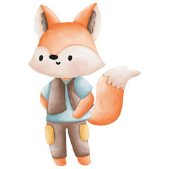 watercolor cute fox traveler and camper, Summer Camping Element, Summer Illustration