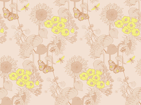 Seamless background with hand drawn sunflowers