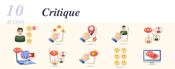 Critique set. Creative icons: satisfaction, social network activity, location mark, online help, group opinion, rewiev, customers, cyber bullying, emoticons, feedback.