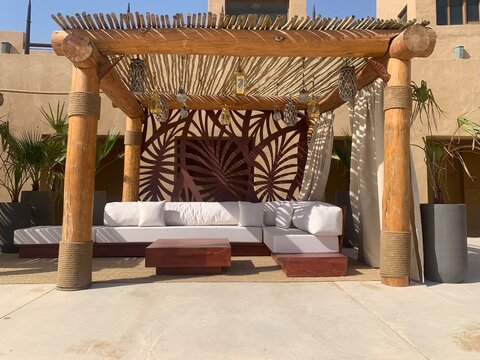 Outdoor seating area in the Middle Eastern desert 