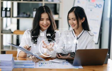 Business woman team working virtual modern smartphone to reduce CO2 emissions carbon footprint...