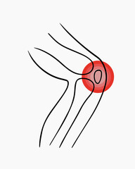Vector isolated illustration of knee pain. Contour drawing of a human leg with pain in the joints.