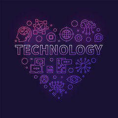 I Love Technology concept linear heart-shaped colored banner - vector Tech Heart illustration