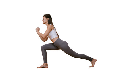 Fototapeta na wymiar Brunette caucasian young woman in sportswear practicing yoga at home, makes lunges against transparent background. Fit American girl warms up at fitness class before training. Sport and fitness.