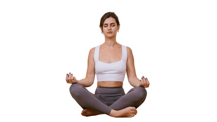 Young brunette caucasian woman in sportswear  sitting in meditation on floor eyes closed against transparent background relaxing. Hispanic girl practicing yoga at fitness class. Mental balance concept - obrazy, fototapety, plakaty
