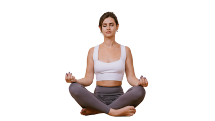Young brunette caucasian woman in sportswear  sitting in meditation on floor eyes closed against transparent background relaxing. Hispanic girl practicing yoga at fitness class. Mental balance concept