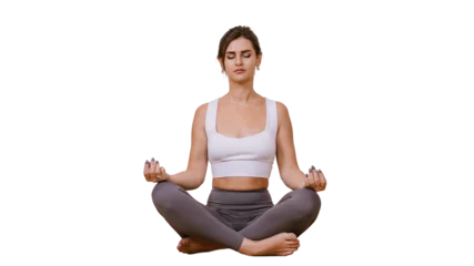 Foto op Canvas Young brunette caucasian woman in sportswear  sitting in meditation on floor eyes closed against transparent background relaxing. Hispanic girl practicing yoga at fitness class. Mental balance concept © Iona