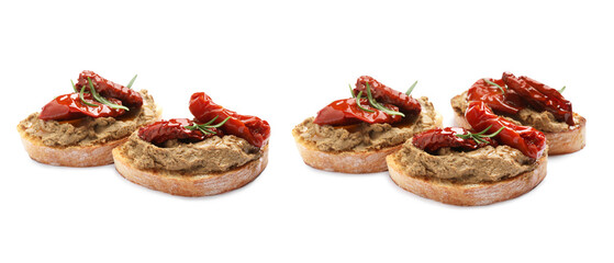 Slices of bread with tasty pate, sun dried tomatoes and rosemary on white background, collage design