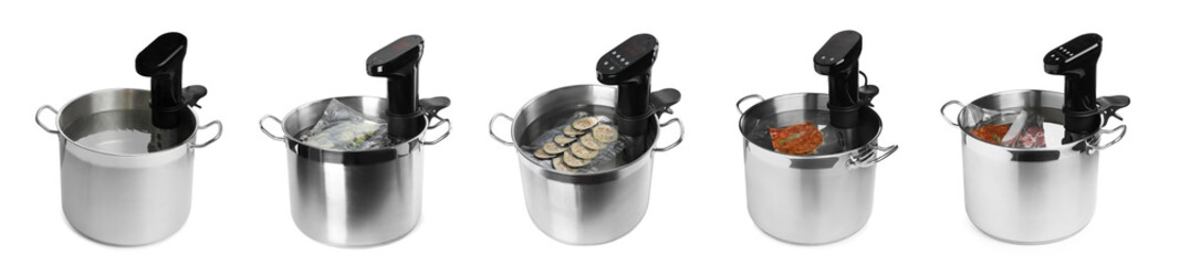 Collage with sous vide cookers and vacuum packed products in pots isolated on white. Thermal...