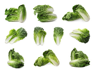 Collage with fresh Chinese cabbages and leaves on white background