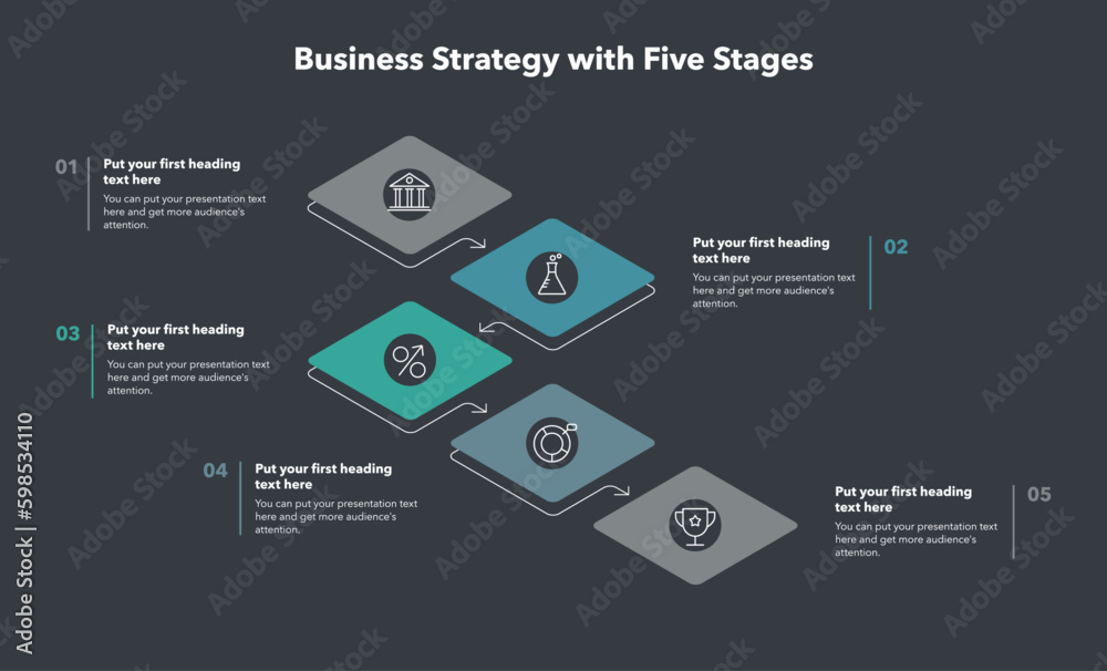 Poster business strategy template with five stages and place for your content - dark version. flat infograp
