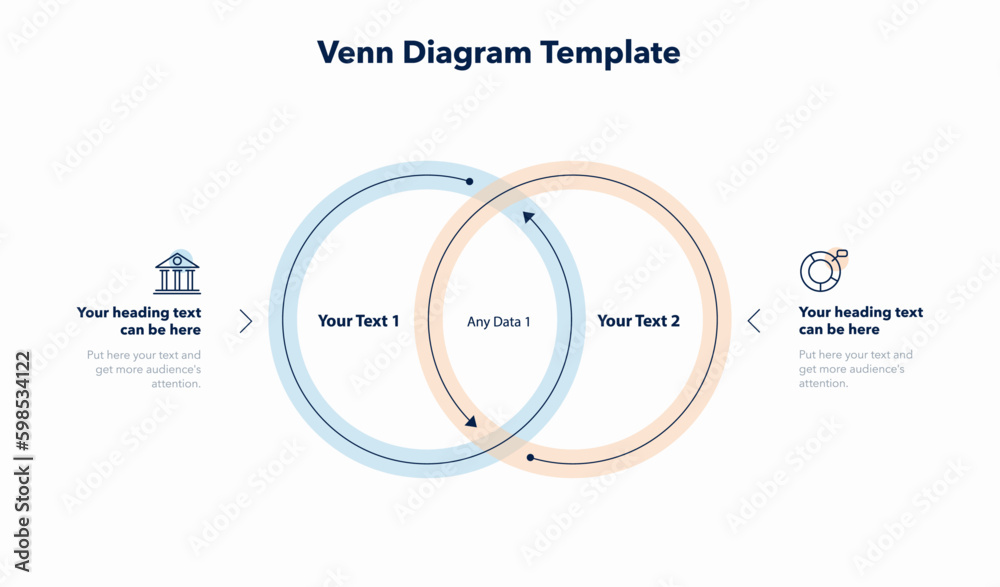Poster Venn diagram template with two ways and place for your content. Slide for business presentation.