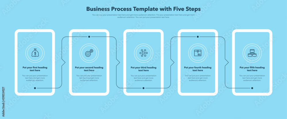 Poster Modern business process template with five stages - blue version. Easy to use for your website or presentation.