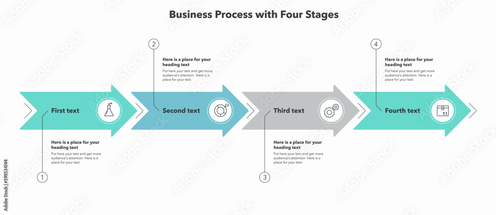 Aufkleber Four stages business process with arrows and minimalistic icons. Simple flat template for data visualization.