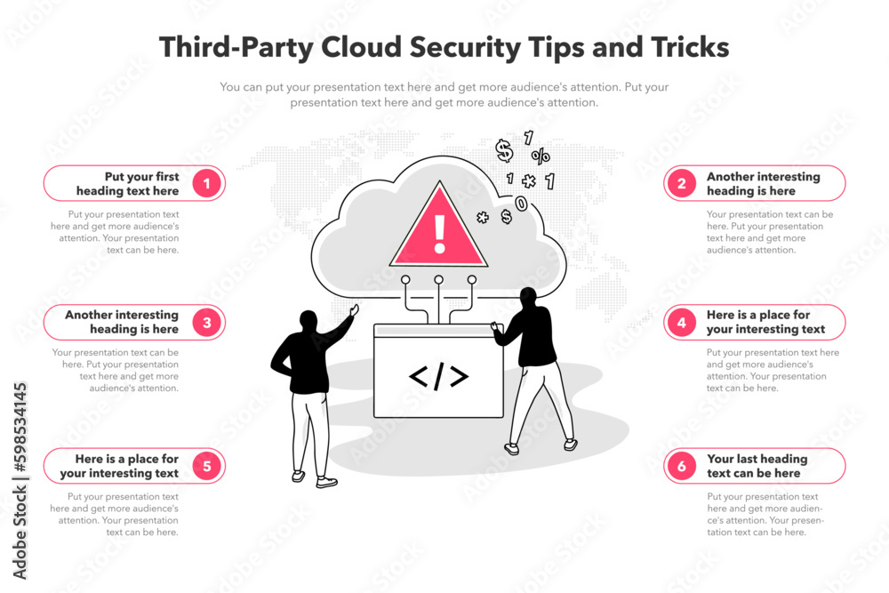 Aufkleber Simple infographic template for third party cloud security tips and tricks. 6 stages template with two hackers using an insecure API to access a targeted server.