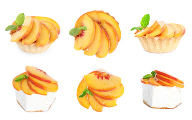 Delicious desserts with peach slices on white background, different sides. Collage design