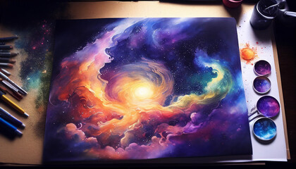 Beautiful watercolor galaxy background with a nebula in the center, Generative AI