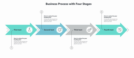 Fototapeta premium Four stages business process with arrows and minimalistic icons. Simple flat template for data visualization.