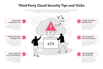Simple infographic template for third party cloud security tips and tricks. 6 stages template with two hackers using an insecure API to access a targeted server.