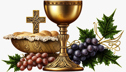 Holy Communion. A chalice of wine, bread, grapes and ears of wheat on white. Generative AI.