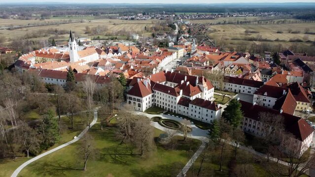 A  drone view of the castle garden and the surrounding historic town.