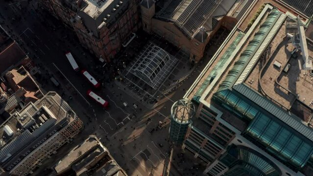 Overhead aerial shot over Liverpool street station bishopsgate entrance