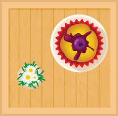 Pudding icon isometric vector. Fresh pudding with blueberry on wood square table. Dessert, sweet food, top view