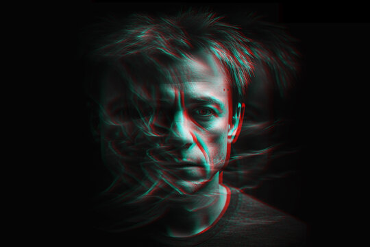 Portrait of schizophrenic man with mental disorders and paranoia in depression. Black and white with 3D glitch effect. Generative AI