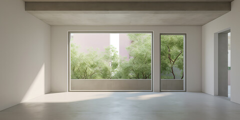 Empty room interior, clean new unfurnished apartment with big window and overlooking the trees foliage. AI generative