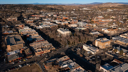 Sunset aerial view of historic downtown Prescott, Arizona, USA.