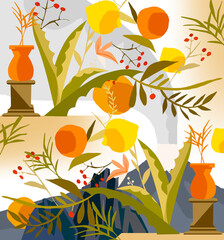 Delicate illustration with floral and natural elements. Colourful decorative pattern.