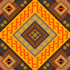Ethnic traditional vintage pattern with yellow, brown, red and black elements. Multiciloured ornament from geometrical elements and forms. 