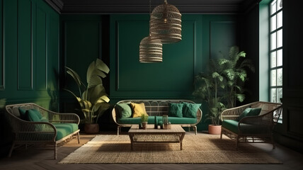 Home interior with rattan furniture and decor in dark green living room. Generative Ai