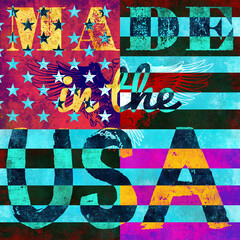 Abstract modern collage with colourful elements and forms. "Made in the USA" typography overlayed by the colourful american flag.