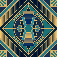 Art deco style pattern with gold and blue  elements and geometrical forms.