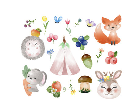Set of decorative watercolor elements forest animals